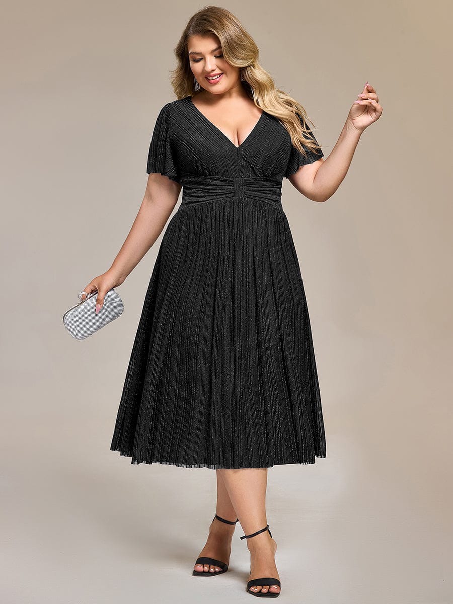 Deep V-Neck Mesh Ruffle Sleeve Evening Dress #color_Black