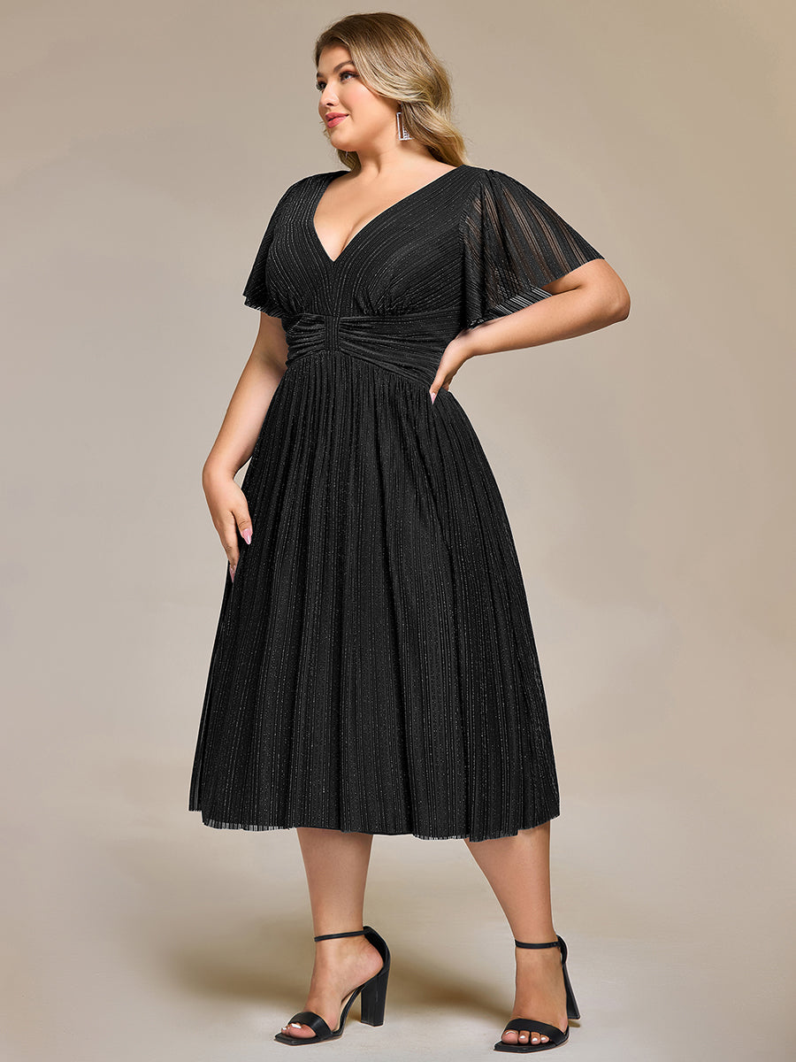 Deep V-Neck Mesh Ruffle Sleeve Evening Dress #color_Black