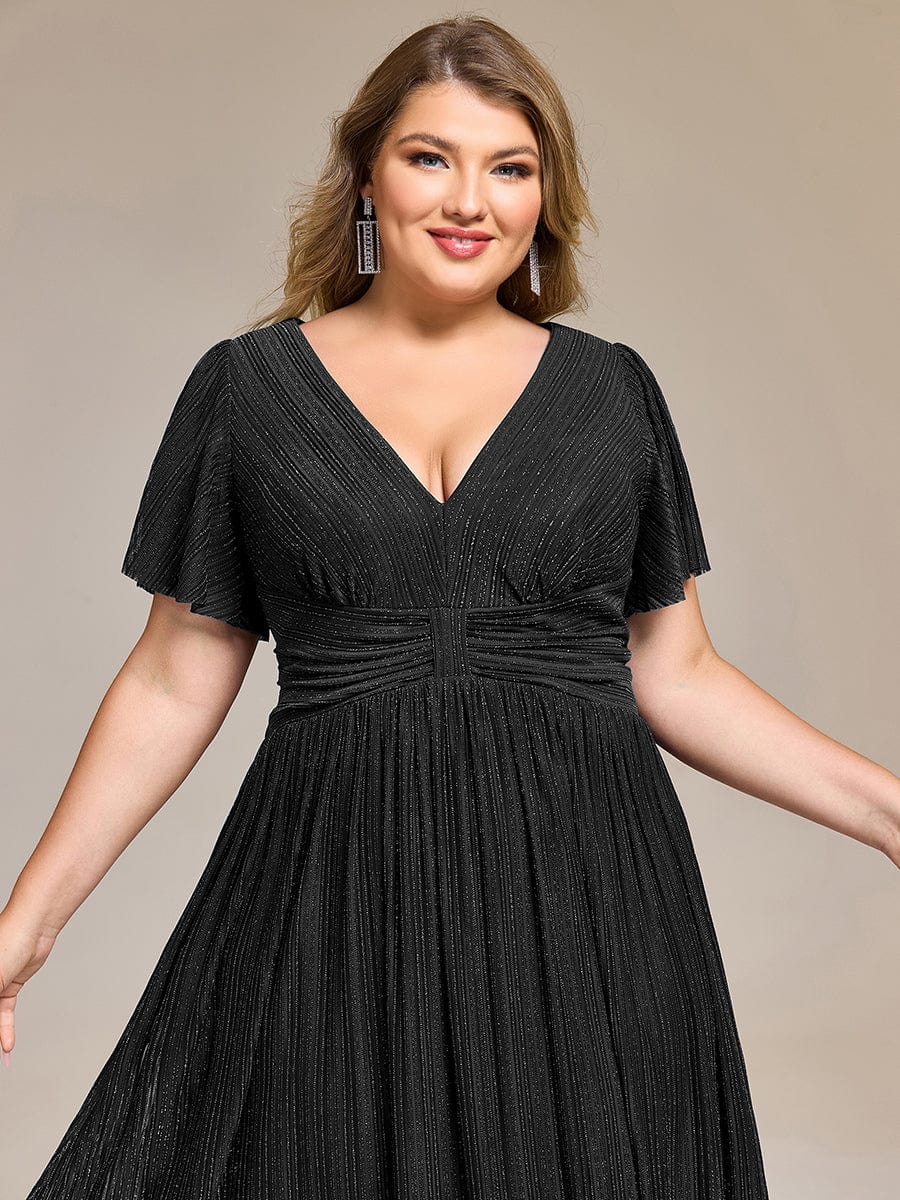 Deep V-Neck Mesh Ruffle Sleeve Evening Dress #color_Black
