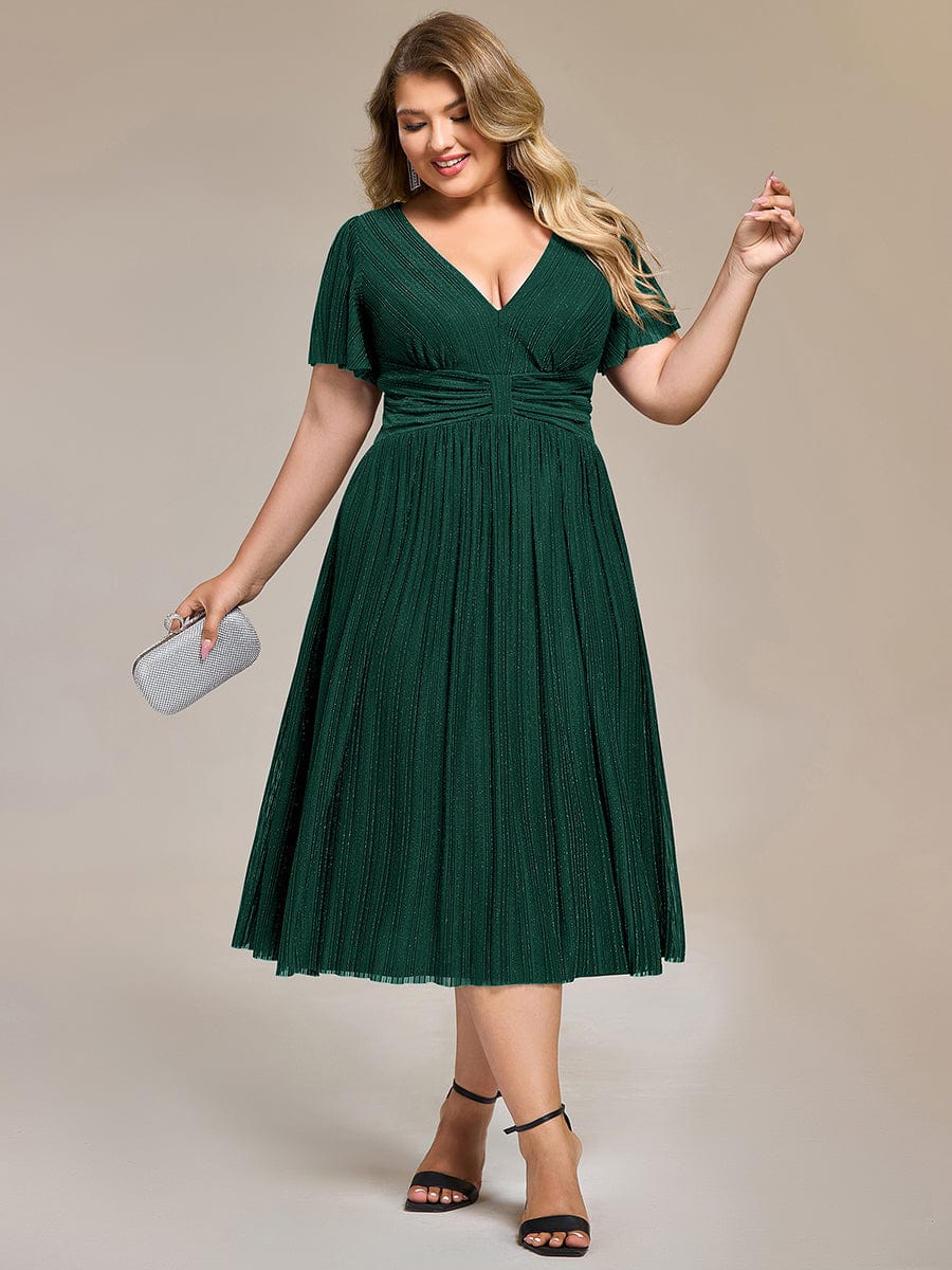 Deep V-Neck Mesh Ruffle Sleeve Evening Dress #color_Dark Green