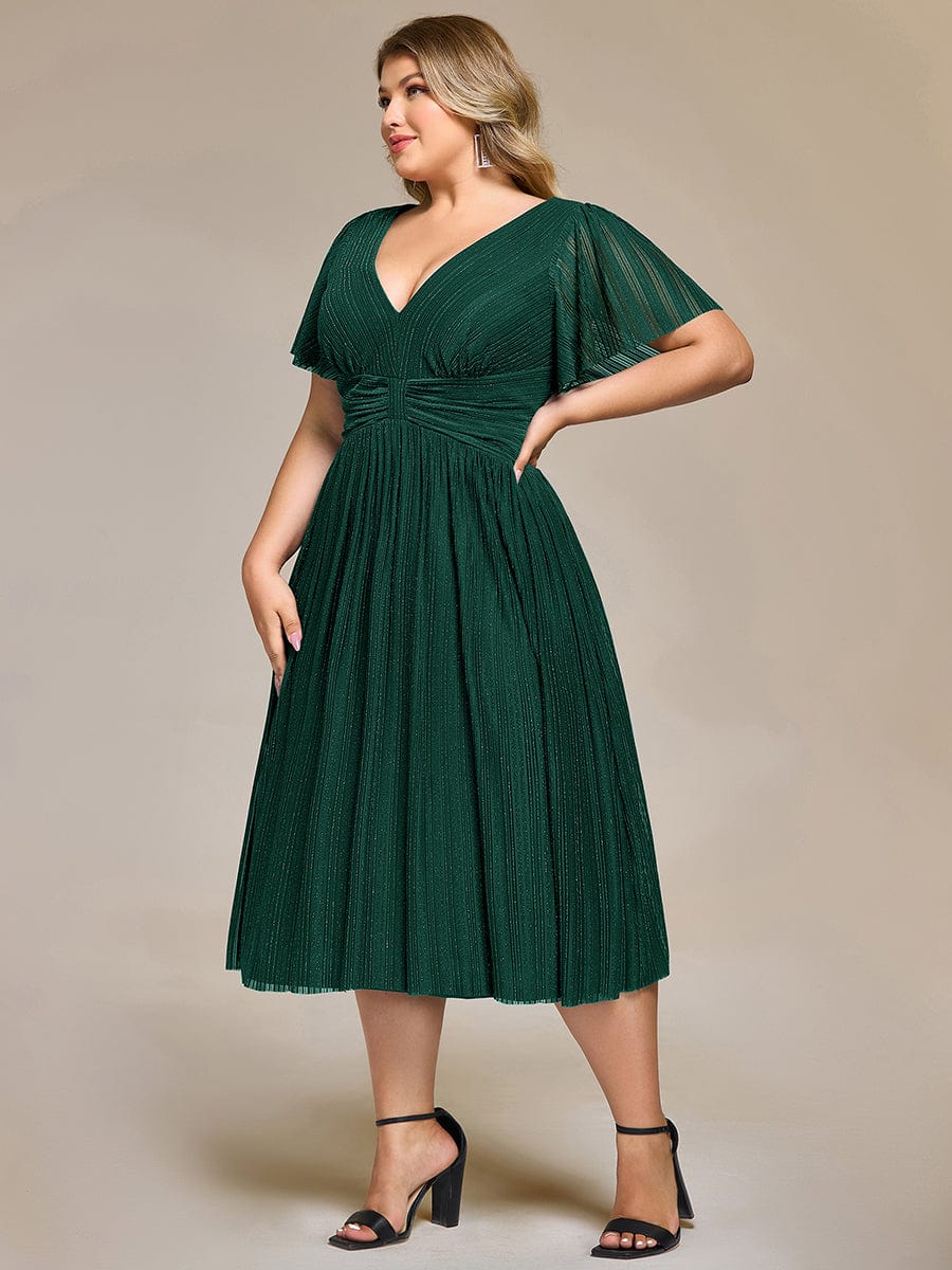 Deep V-Neck Mesh Ruffle Sleeve Evening Dress #color_Dark Green