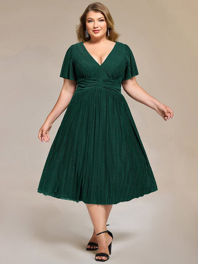 Deep V-Neck Mesh Ruffle Sleeve Evening Dress #color_Dark Green