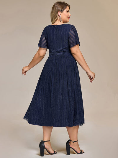Deep V-Neck Mesh Ruffle Sleeve Evening Dress #color_Navy Blue