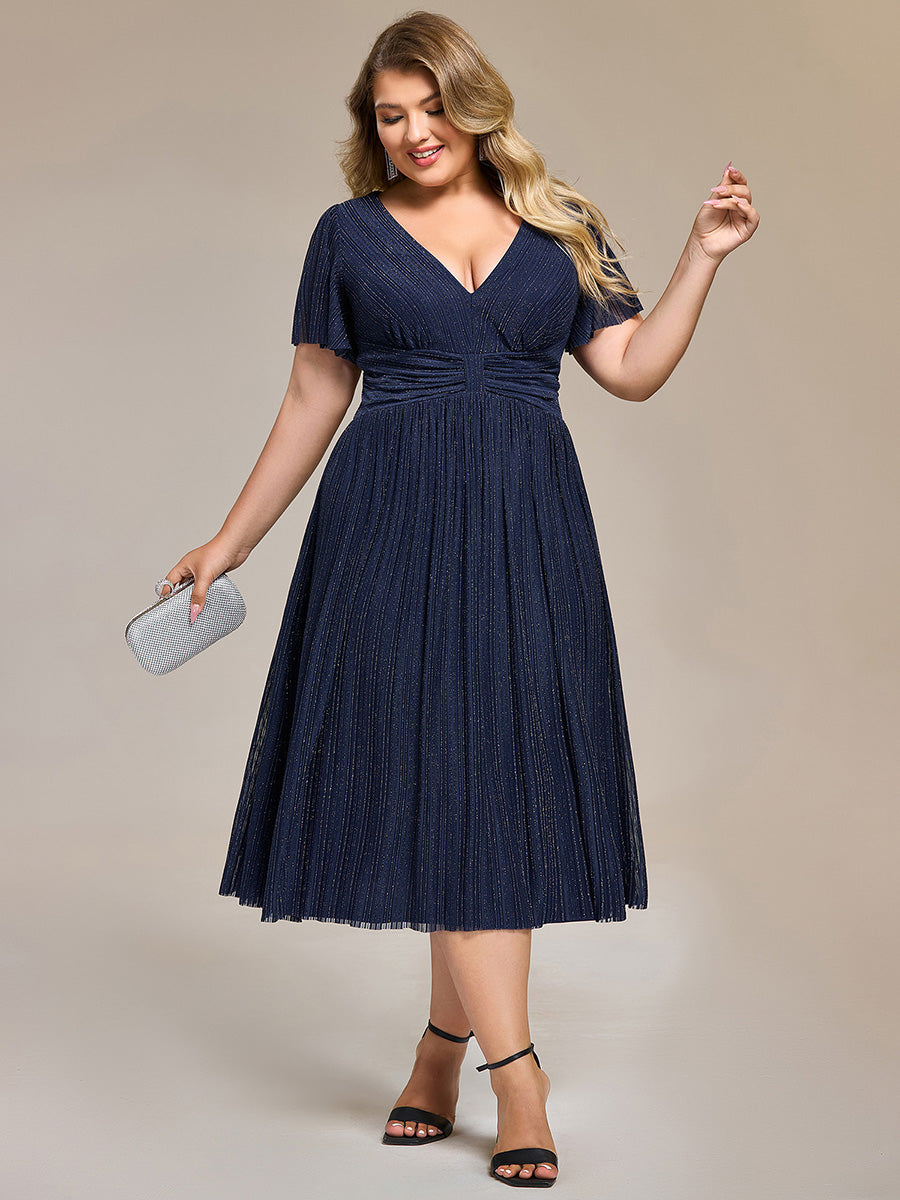 Deep V-Neck Mesh Ruffle Sleeve Evening Dress #color_Navy Blue