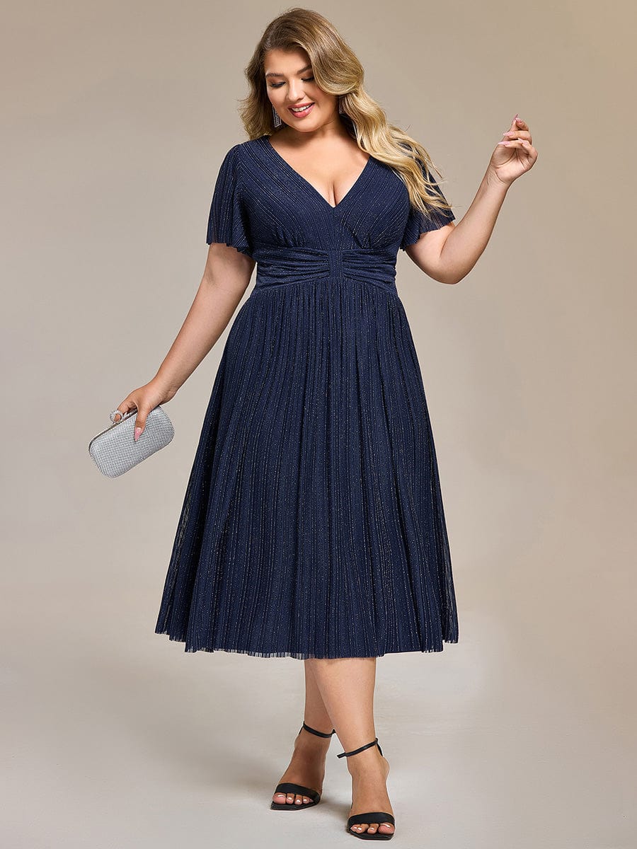 Deep V-Neck Mesh Ruffle Sleeve Evening Dress #color_Navy Blue