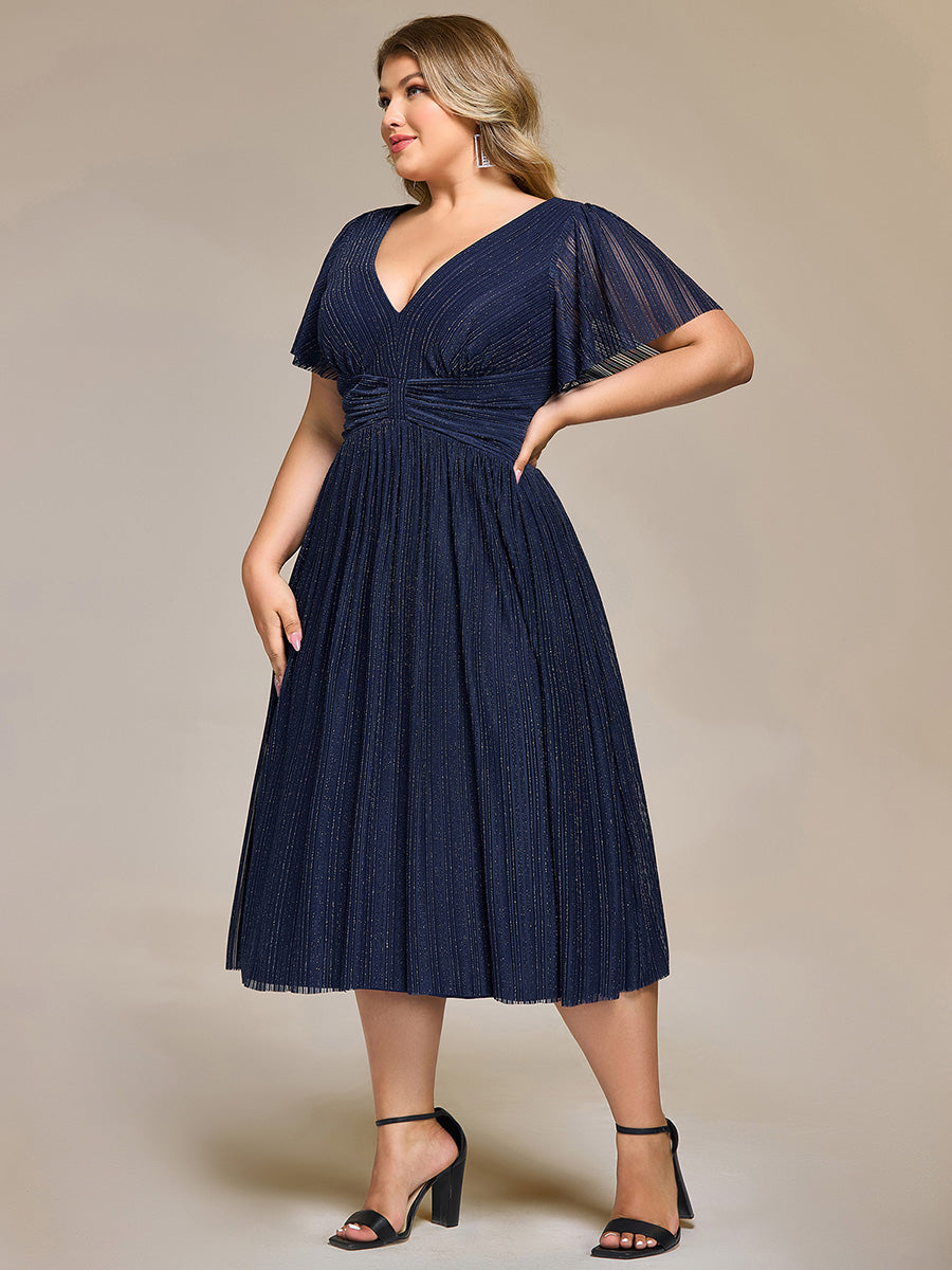 Deep V-Neck Mesh Ruffle Sleeve Evening Dress #color_Navy Blue