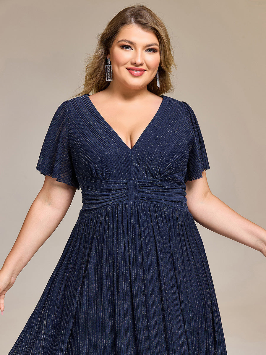 Deep V-Neck Mesh Ruffle Sleeve Evening Dress #color_Navy Blue