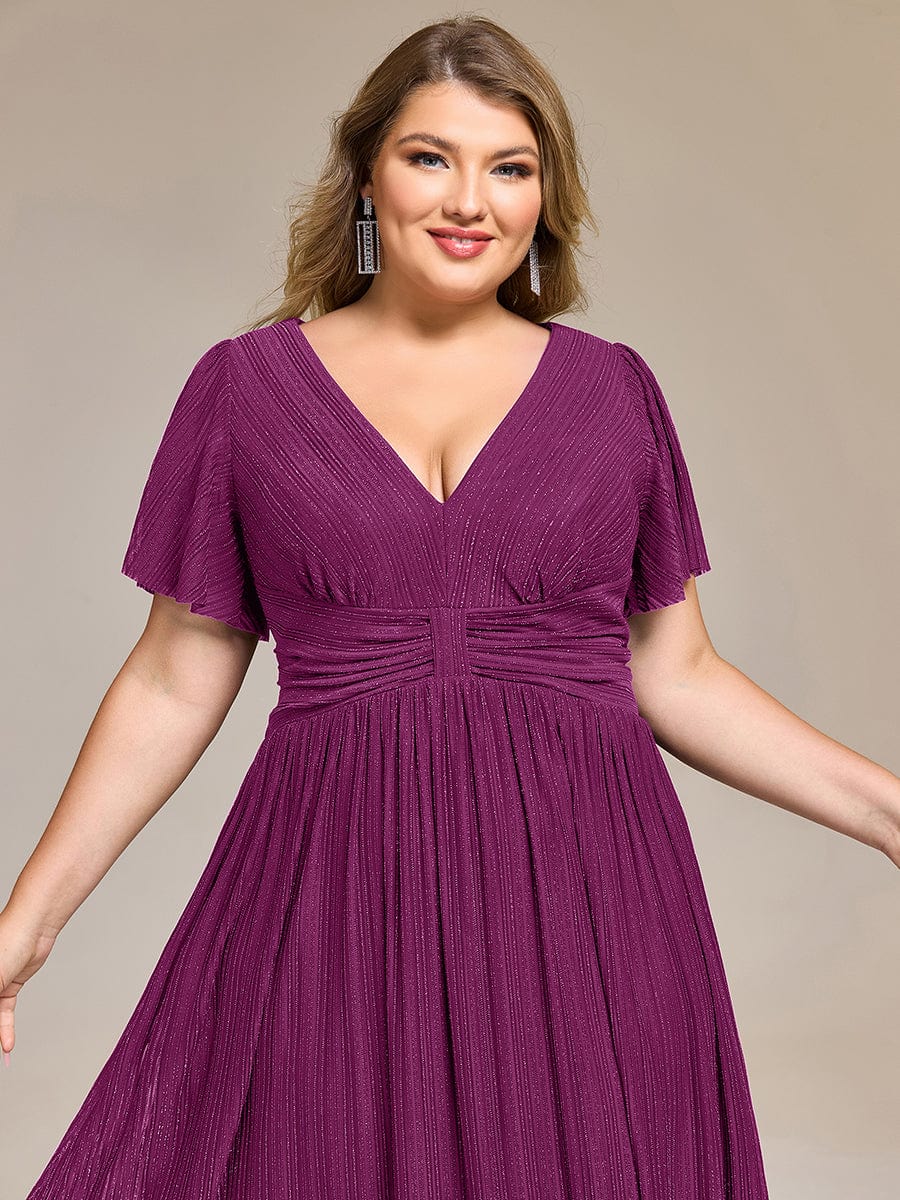 Deep V-Neck Mesh Ruffle Sleeve Evening Dress #color_Purple Wisteria
