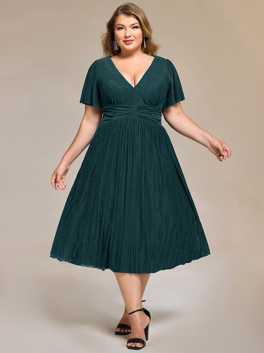 Deep V-Neck Mesh Ruffle Sleeve Evening Dress #color_Teal