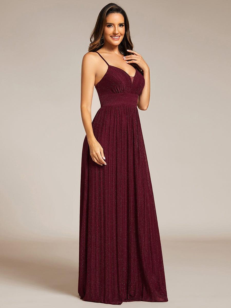 V-Neck Glittery Spaghetti Straps Backless Formal Evening Dress #color_Burgundy