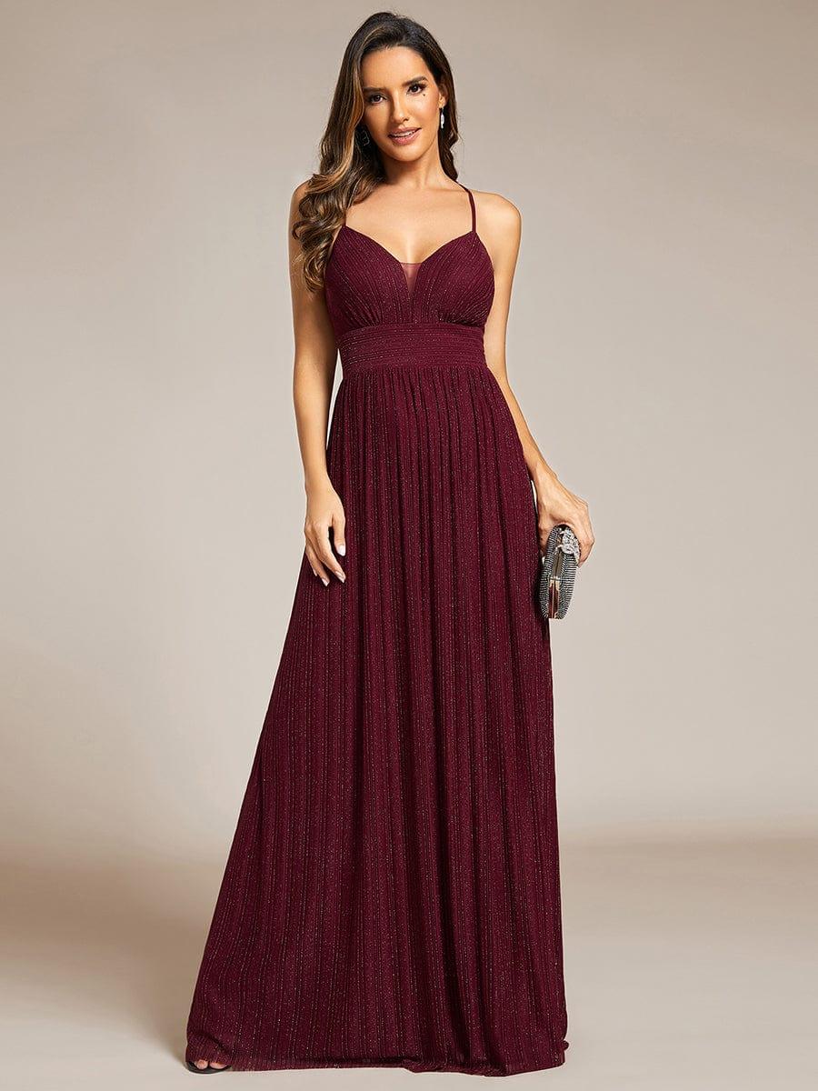 V-Neck Glittery Spaghetti Straps Backless Formal Evening Dress #color_Burgundy