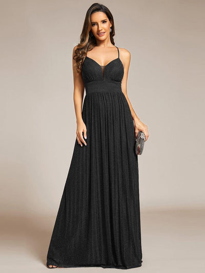 V-Neck Glittery Spaghetti Straps Backless Formal Evening Dress #color_Black