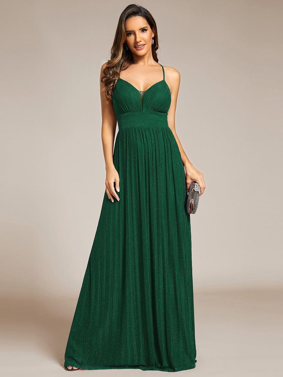 V-Neck Glittery Spaghetti Straps Backless Formal Evening Dress #color_Dark Green