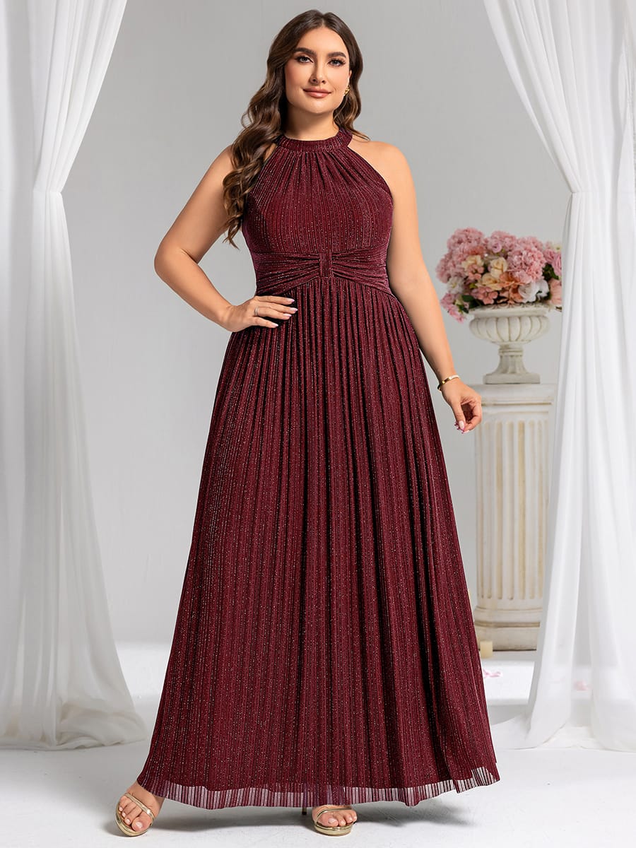 Sparkle Halter Neck Formal Evening Dress with A-line Silhouette #color_Burgundy