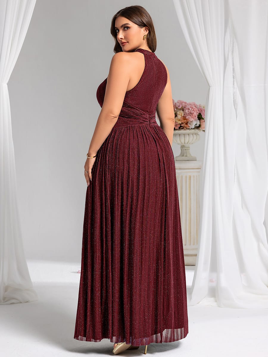 Sparkle Halter Neck Formal Evening Dress with A-line Silhouette #color_Burgundy
