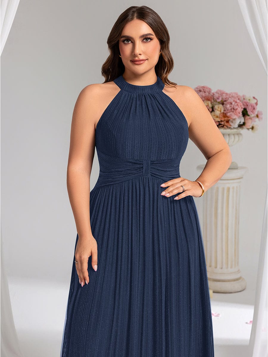 Sparkle Halter Neck Formal Evening Dress with A-line Silhouette #color_Navy Blue