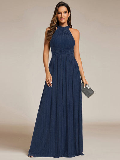 Sparkle Halter Neck Formal Evening Dress with A-line Silhouette #color_Navy Blue