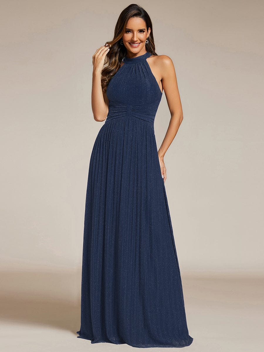 Sparkle Halter Neck Formal Evening Dress with A-line Silhouette #color_Navy Blue