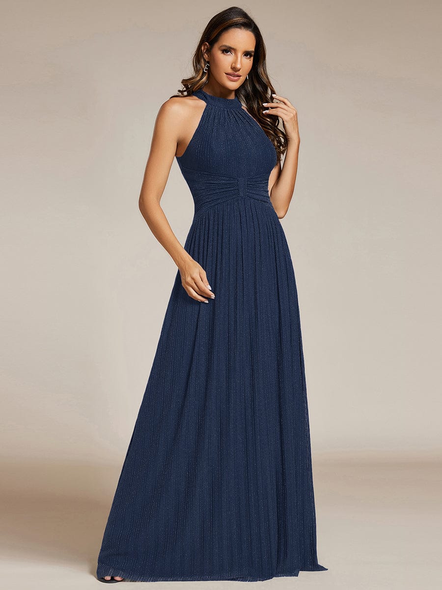 Sparkle Halter Neck Formal Evening Dress with A-line Silhouette #color_Navy Blue