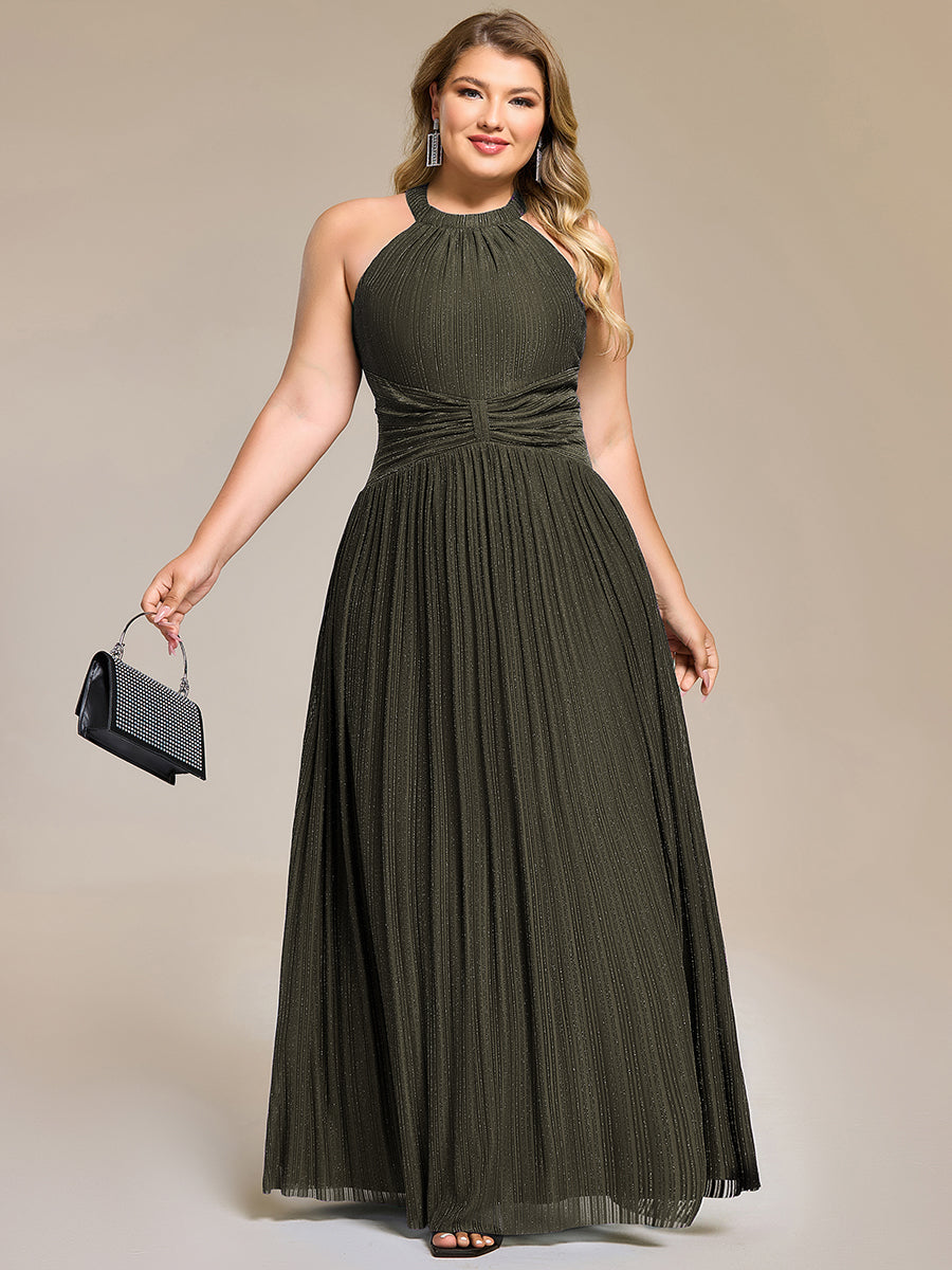 Sparkle Halter Neck Formal Evening Dress with A-line Silhouette #color_Olive Green