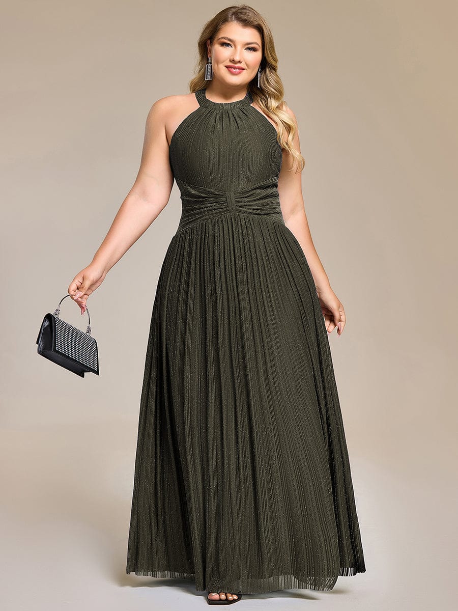 Sparkle Halter Neck Formal Evening Dress with A-line Silhouette #color_Olive Green