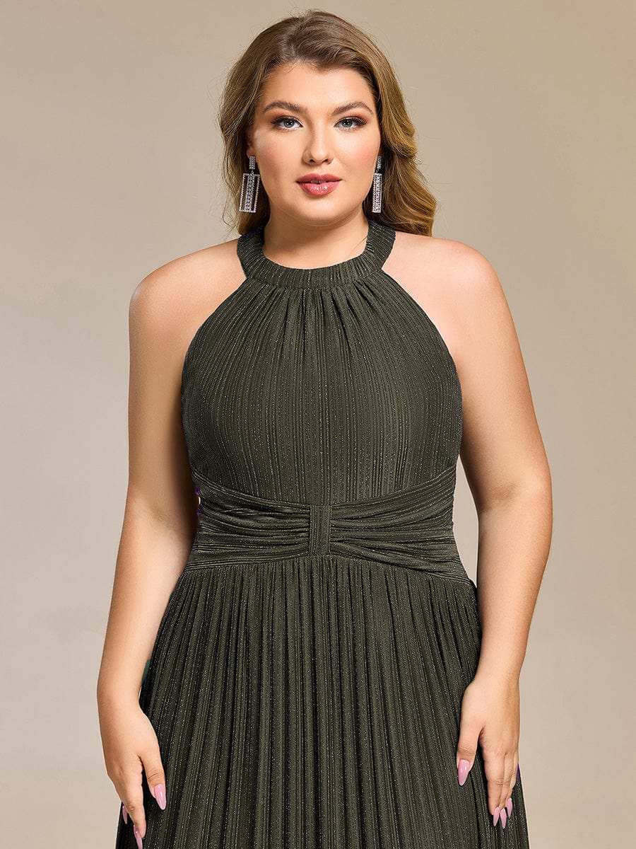 Sparkle Halter Neck Formal Evening Dress with A-line Silhouette #color_Olive Green