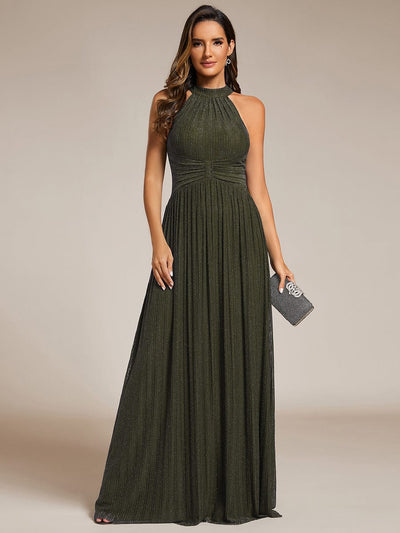 Sparkle Halter Neck Formal Evening Dress with A-line Silhouette #color_Olive Green