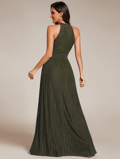 Sparkle Halter Neck Formal Evening Dress with A-line Silhouette #color_Olive Green