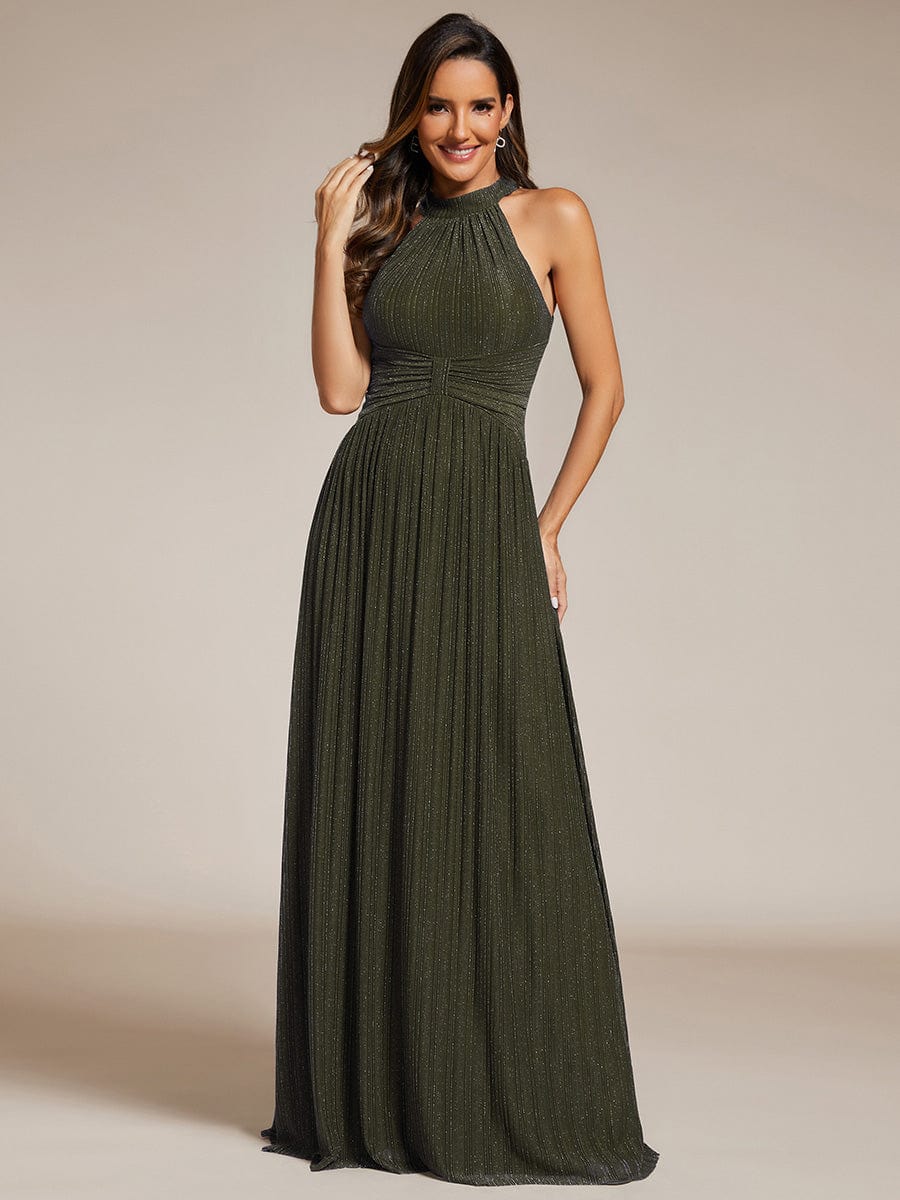 Sparkle Halter Neck Formal Evening Dress with A-line Silhouette #color_Olive Green