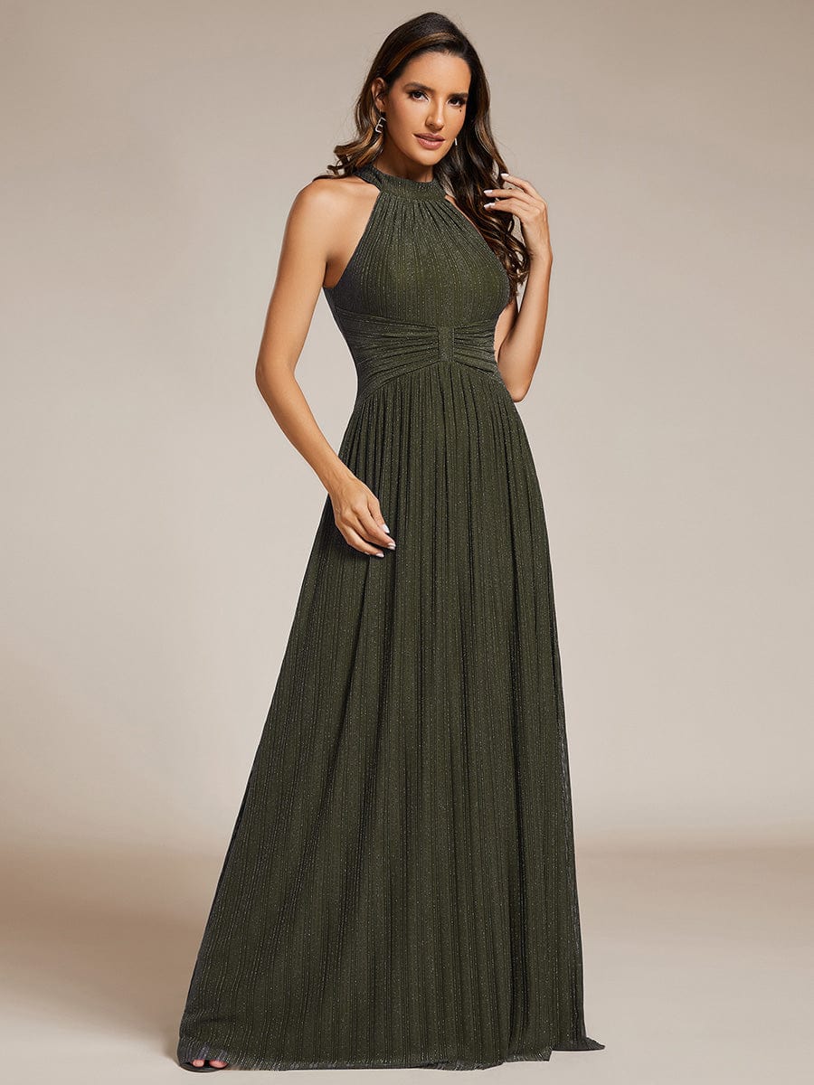 Sparkle Halter Neck Formal Evening Dress with A-line Silhouette #color_Olive Green