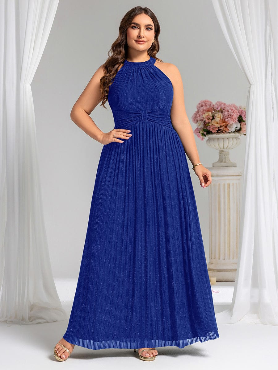 Sparkle Halter Neck Formal Evening Dress with A-line Silhouette #color_Sapphire Blue