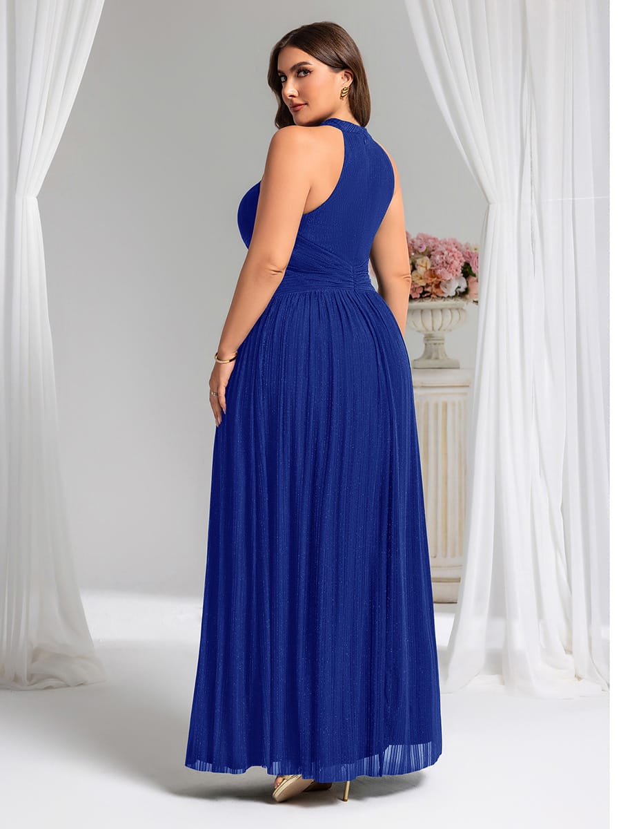 Sparkle Halter Neck Formal Evening Dress with A-line Silhouette #color_Sapphire Blue