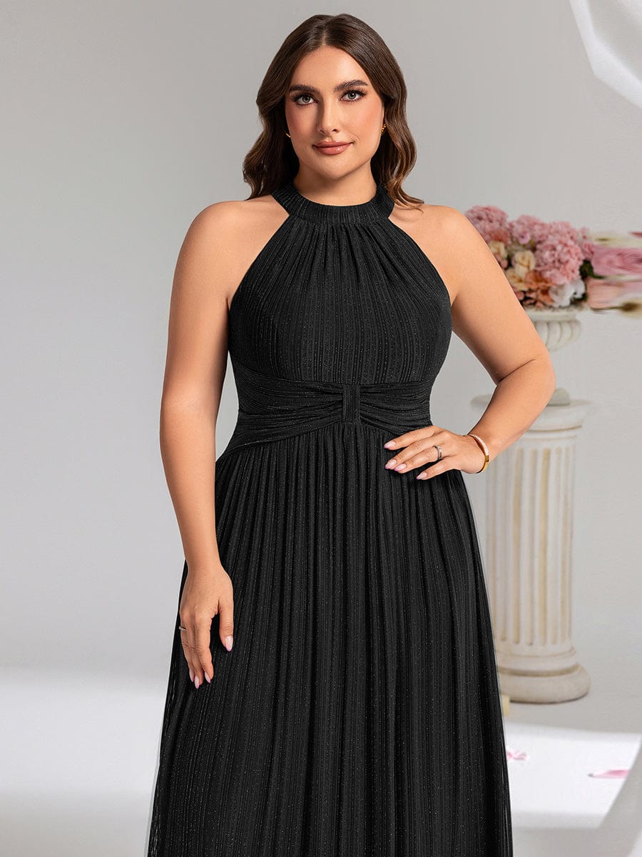 Mesh Sleeveless A-Line Evening Dress #color_Black