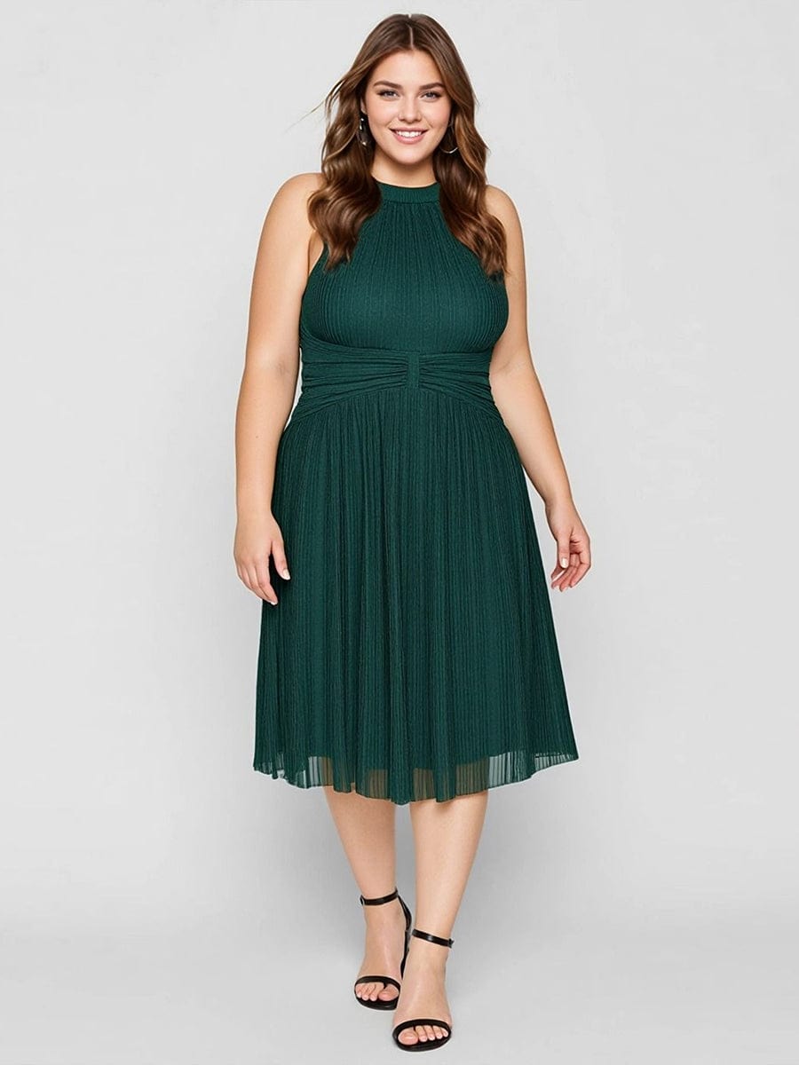 Mesh Sleeveless A-Line Evening Dress #color_Dark Green