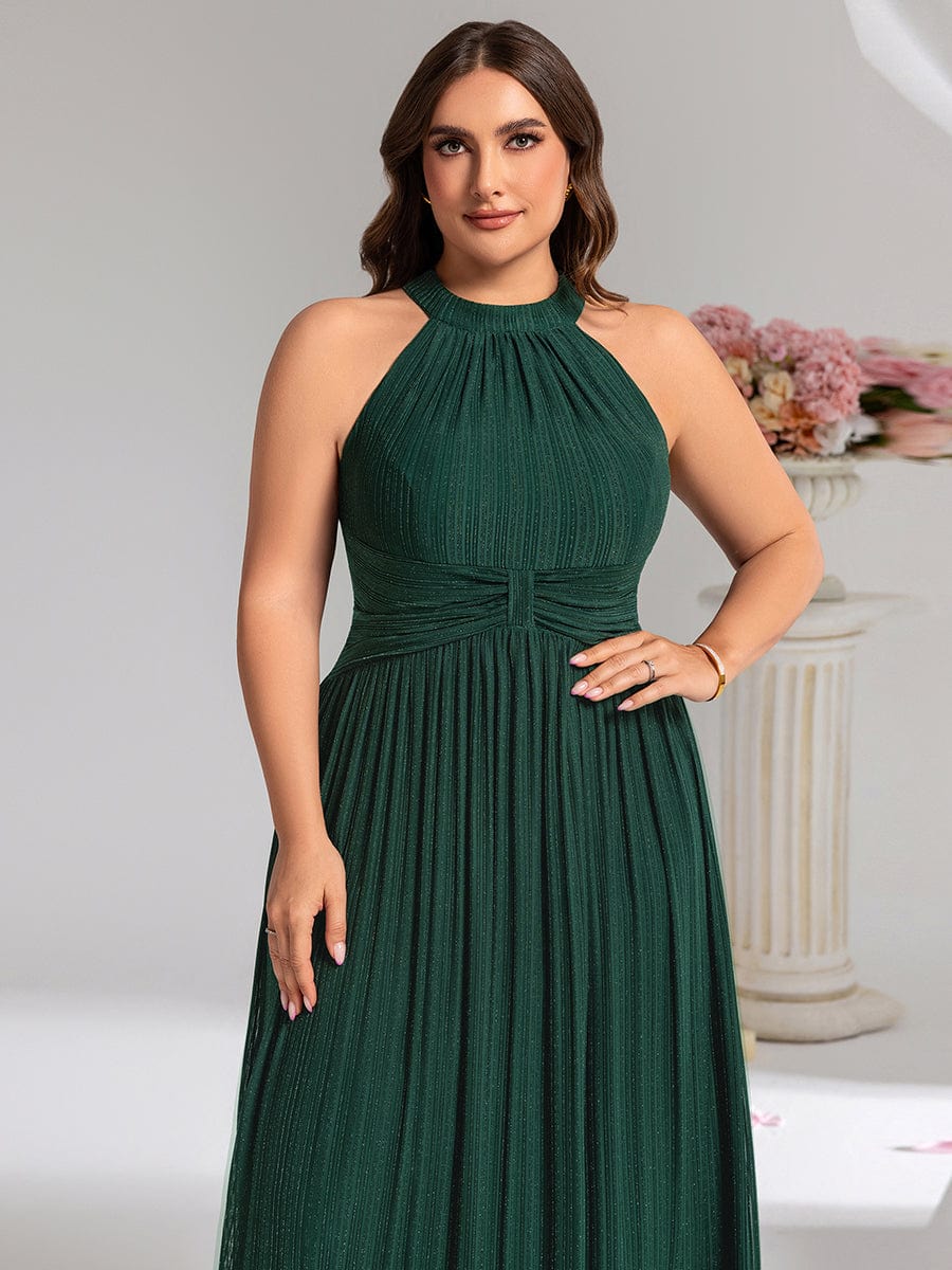 Mesh Sleeveless A-Line Evening Dress #color_Dark Green