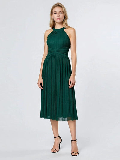 Mesh Sleeveless A-Line Evening Dress #color_Dark Green