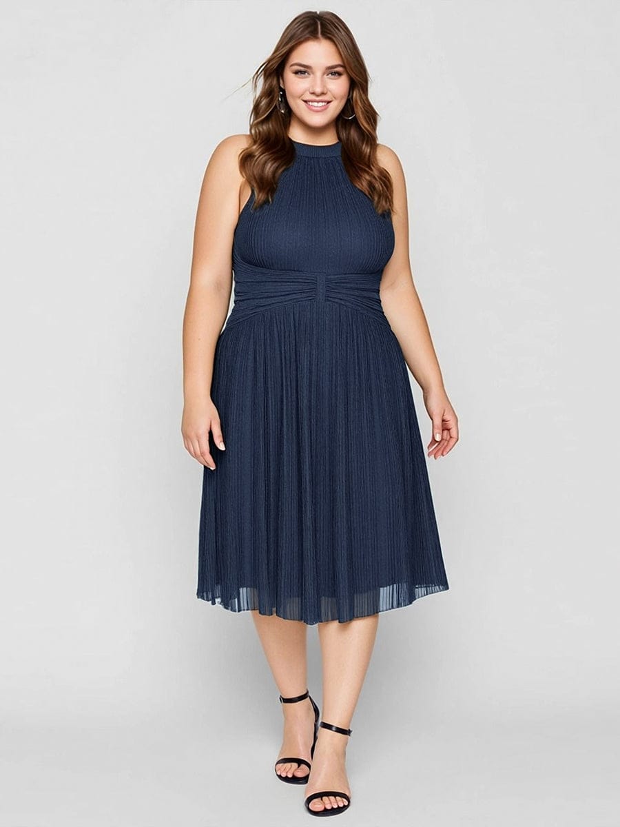 Mesh Sleeveless A-Line Evening Dress #color_Navy Blue