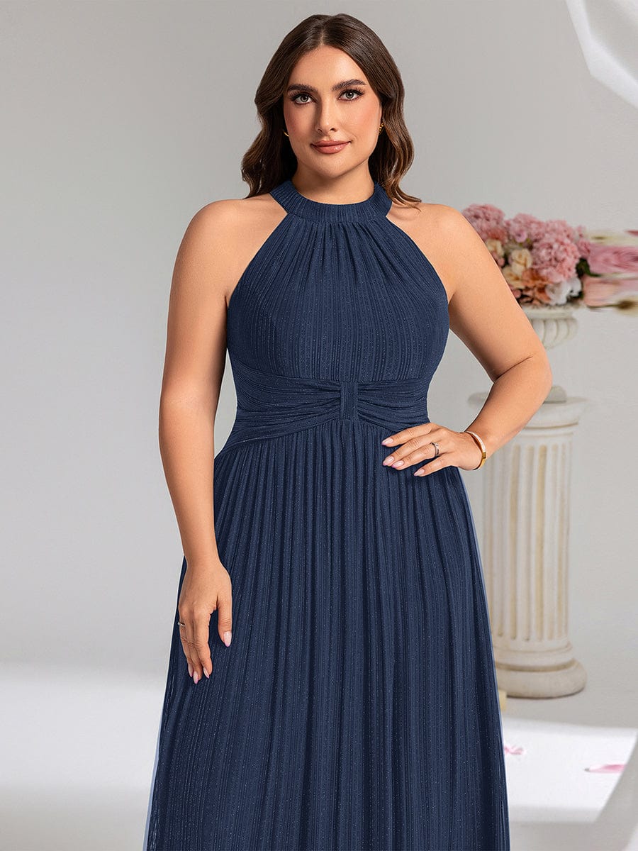 Mesh Sleeveless A-Line Evening Dress #color_Navy Blue