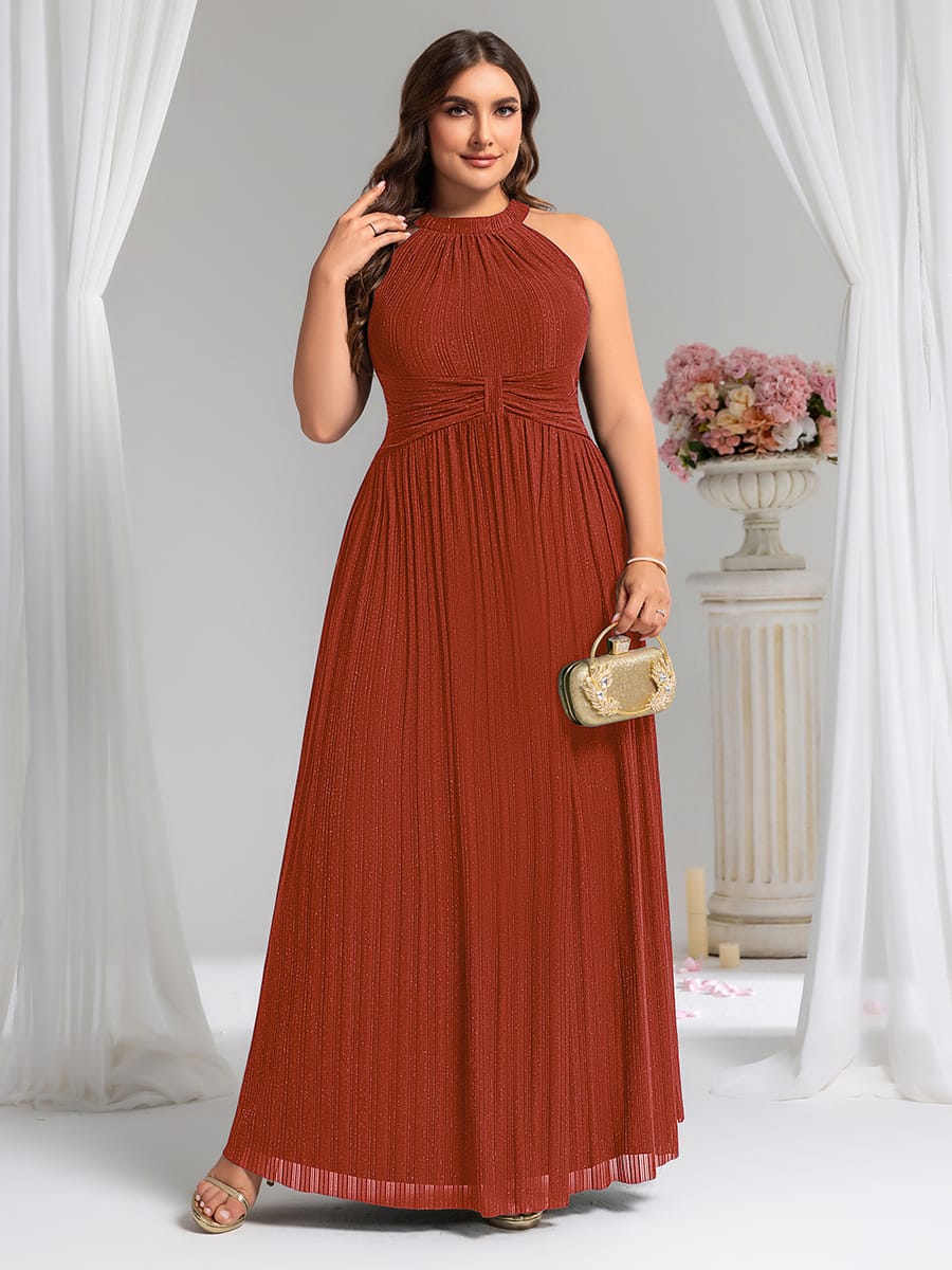 Sparkle Halter Neck Formal Evening Dress with A-line Silhouette #color_Burnt Orange