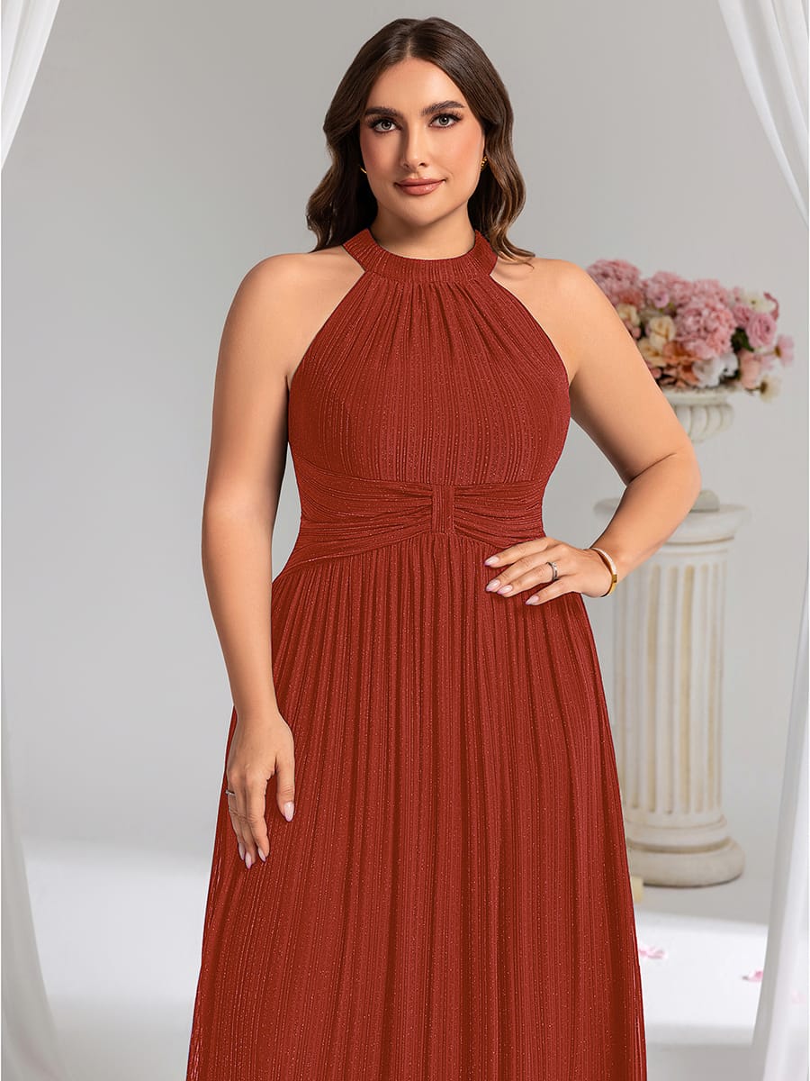Sparkle Halter Neck Formal Evening Dress with A-line Silhouette #color_Burnt Orange