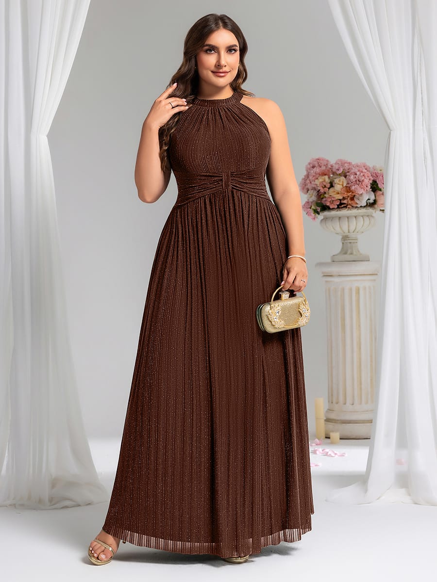 Sparkle Halter Neck Formal Evening Dress with A-line Silhouette #color_Chocolate brown