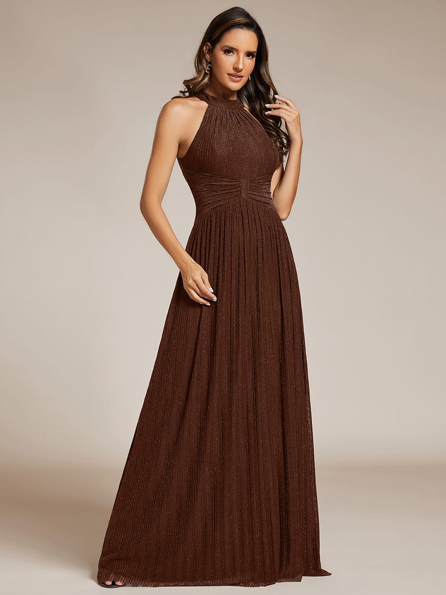 Sparkle Halter Neck Formal Evening Dress with A-line Silhouette #color_Chocolate brown