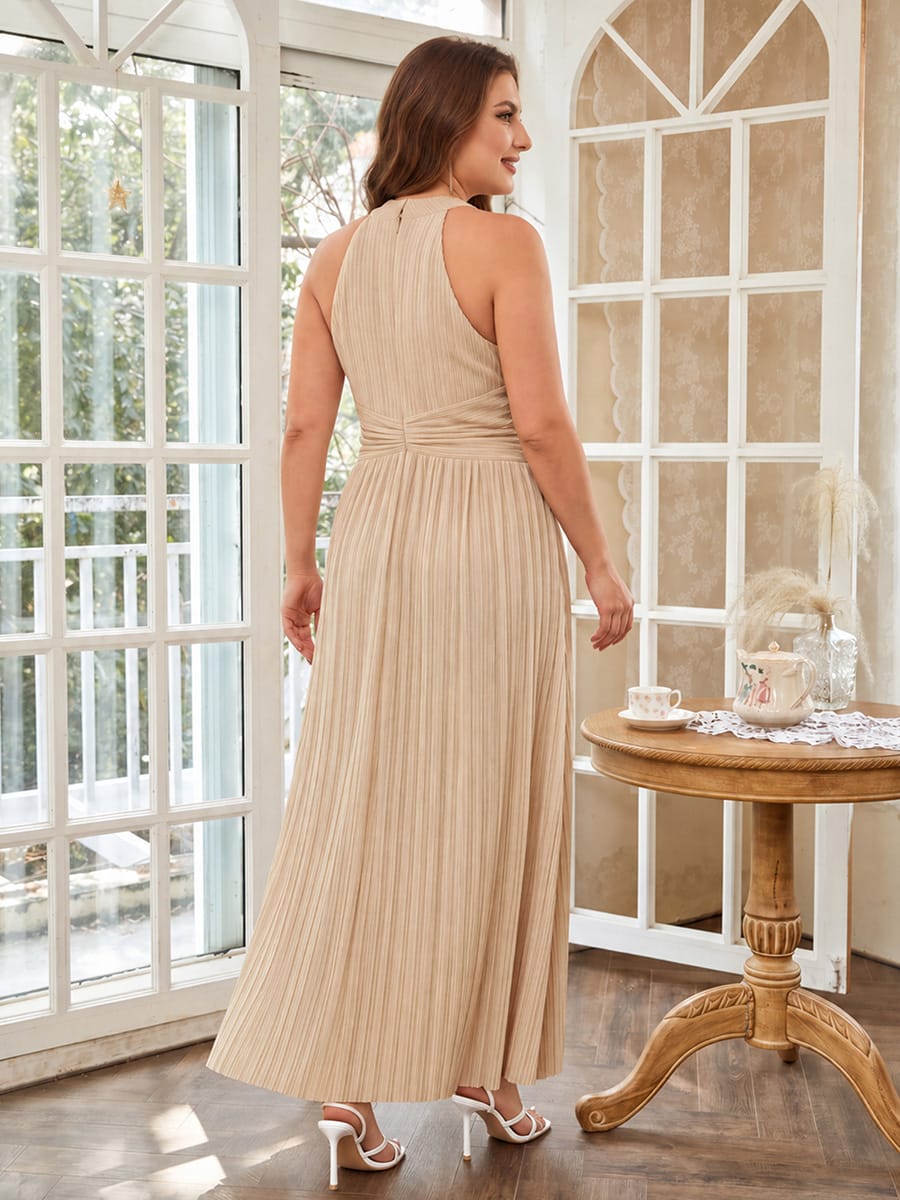 Sparkle Halter Neck Formal Evening Dress with A-line Silhouette #color_Champagne