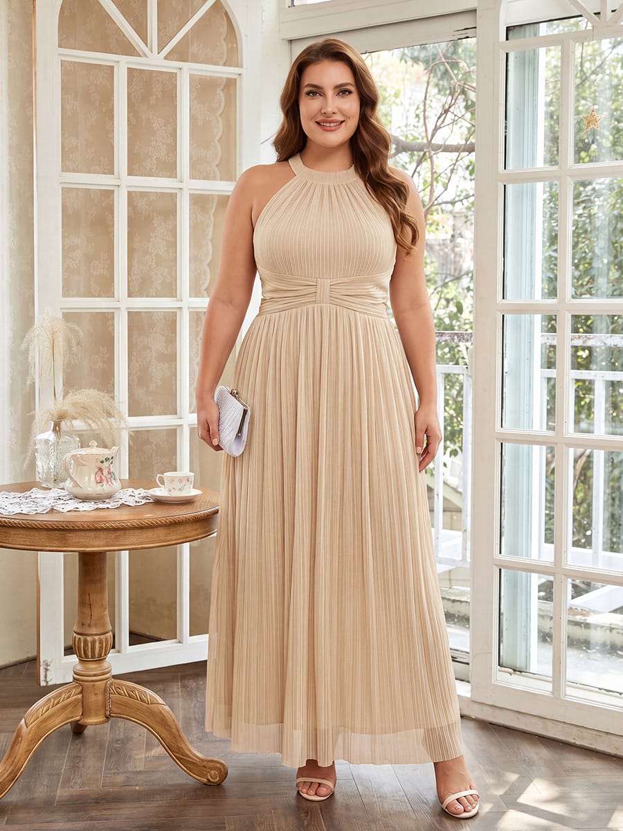 Sparkle Halter Neck Formal Evening Dress with A-line Silhouette #color_Champagne