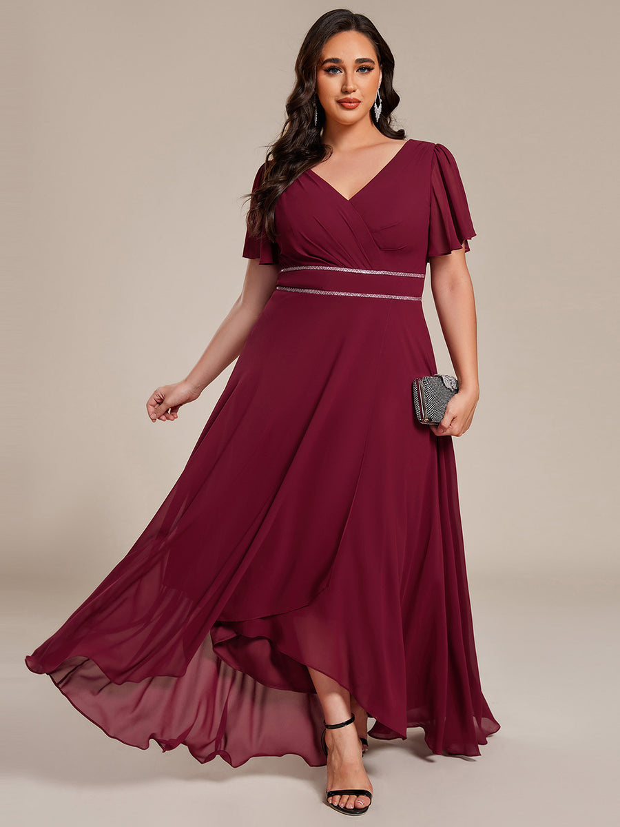 Chiffon Ruffle Sleeves Rhinestone Waist High-Low Wedding Guest Dress For Wedding #color_Burgundy