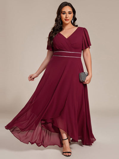 Chiffon Ruffle Sleeves Rhinestone Waist High-Low Wedding Guest Dress For Wedding #color_Burgundy