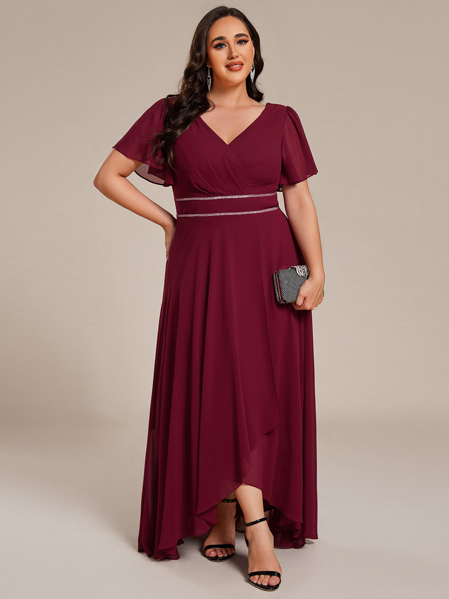 Chiffon Ruffle Sleeves Rhinestone Waist High-Low Wedding Guest Dress For Wedding #color_Burgundy