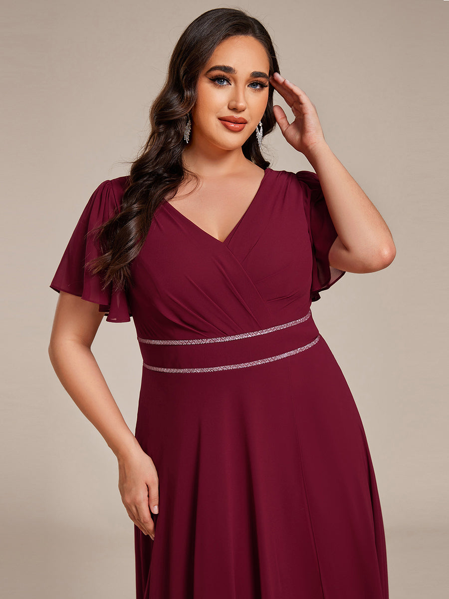 Chiffon Ruffle Sleeves Rhinestone Waist High-Low Wedding Guest Dress For Wedding #color_Burgundy
