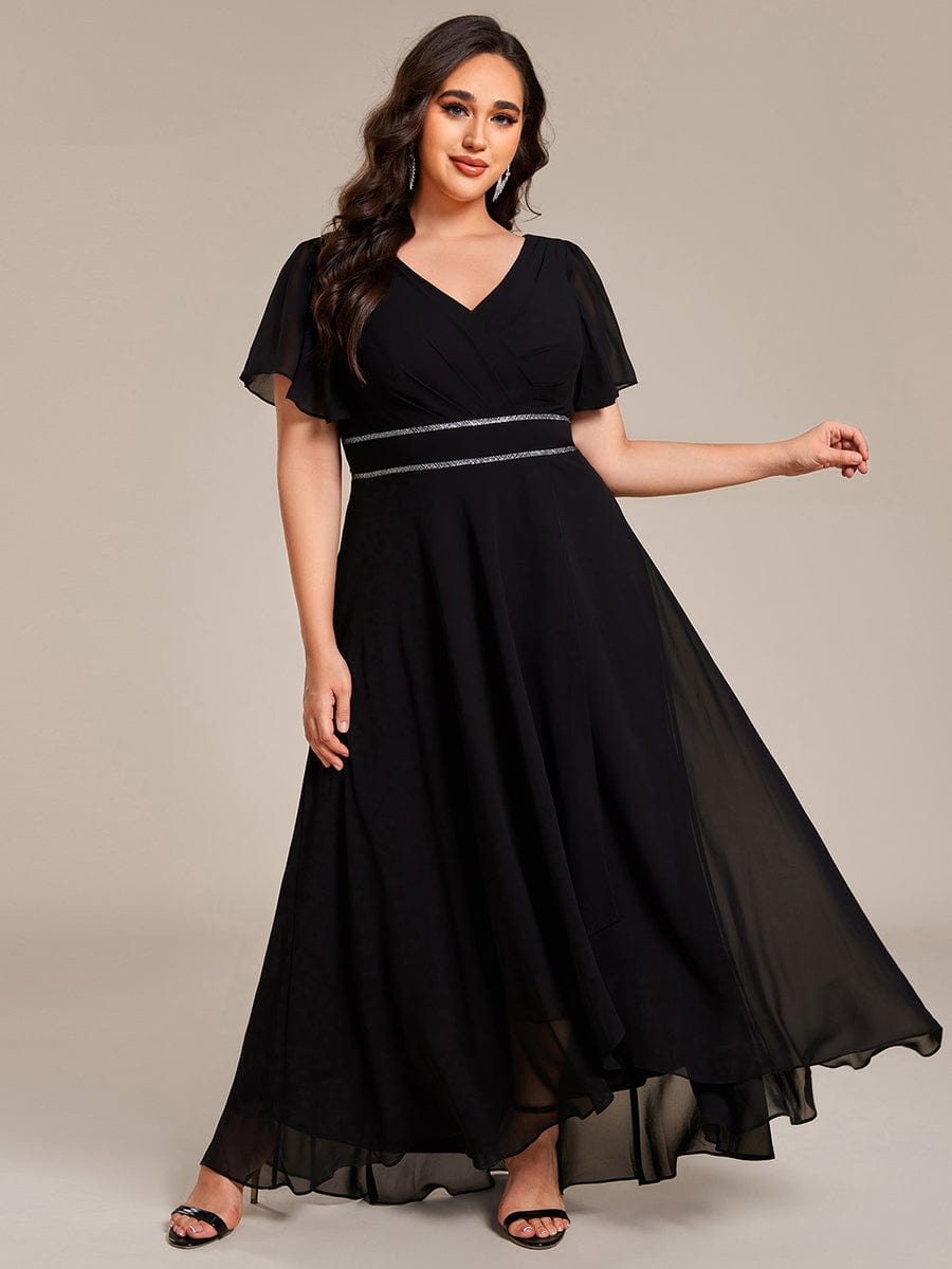 Chiffon Ruffle Sleeves Rhinestone Waist High-Low Wedding Guest Dress For Wedding #color_Black
