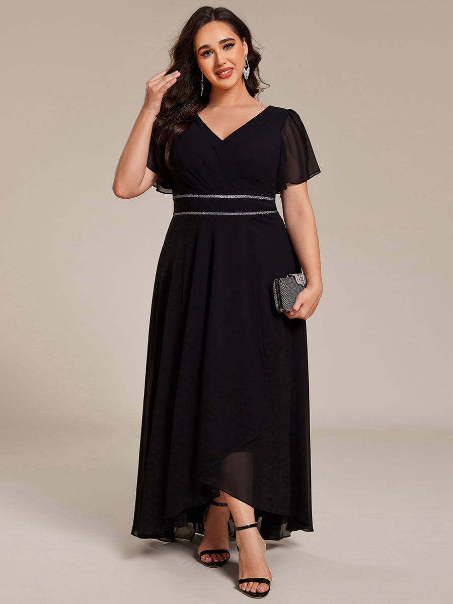 Chiffon Ruffle Sleeves Rhinestone Waist High-Low Wedding Guest Dress For Wedding #color_Black